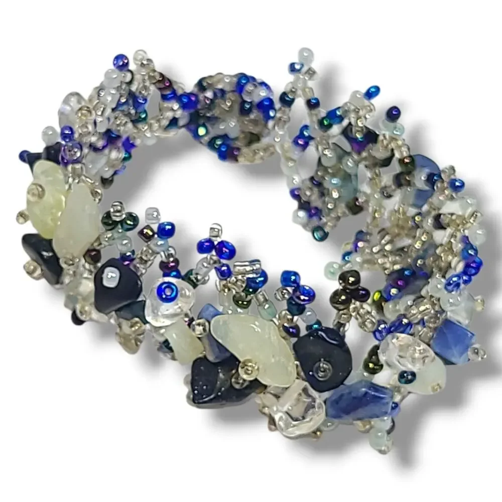 Blue & White Glass‎ Bead Woven Wide Cuff Wrap Bracelet 7
